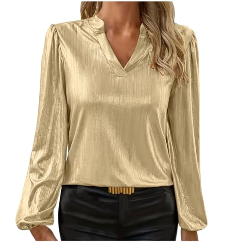 Glitzer Oberteile Damen Elegant Goldenes Langarmshirt Langarm Laternenärmel Pullover Shirt Einfarbig V-Ausschnitt Bluse Festliche Tunika Partywear Modisch Stehkragen Longsleeve Glitzer Top von Lovraj