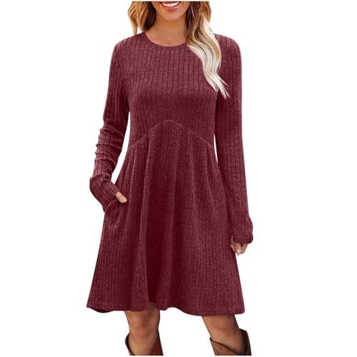 Herbst Kleidung Damen Elegant Knielang Strickkleid A Linie Herbstkleid Langarm Winterkleid Rundhals Pullover Kleid mit Taschen von Lovraj