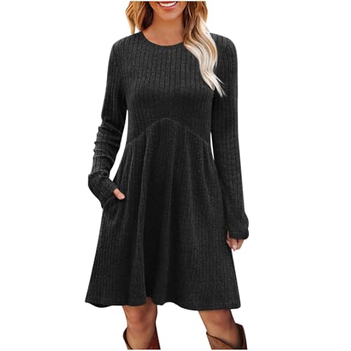 Herbstkleid Damen Elegant Langarm Strickkleid Leichte A Linie Pulloverkleid Rundhals Knielang Winterkleid von Lovraj