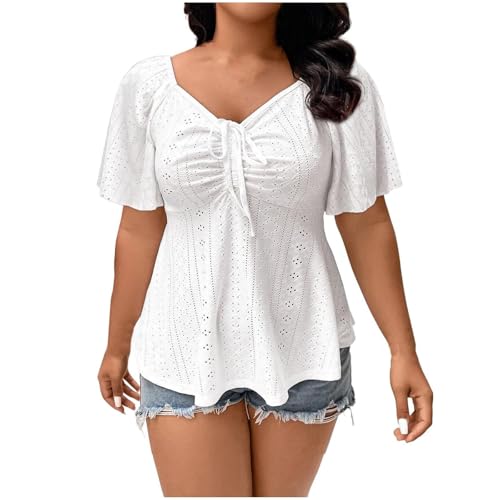 Lovraj Bluse Damen Kurzarm Tunika mit Stickerei Aushöhlen Atmungsaktives V-Ausschnitt Blusenshirt Große Größen Sommer Damenbluse Einfarbig Plisssee Sommerbluse Modern Fit Oberteile Trend 2025 von Lovraj