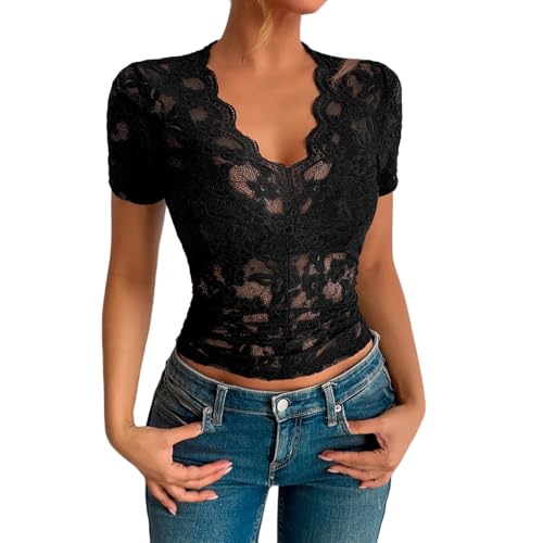 Lovraj Spitzen Oberteile Damen V-Ausschnitt Spitzenbluse Slim Fit Durchsichtig Spitzentop Sexy Kurzarm Spitzenshirt Einfarbig Sommer Spitzen Tops von Lovraj