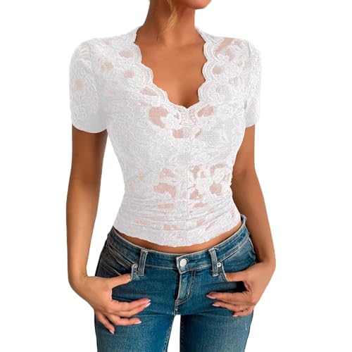 Lovraj Spitzen Oberteile Damen V-Ausschnitt Spitzenbluse Slim Fit Durchsichtig Spitzentop Sexy Kurzarm Spitzenshirt Einfarbig Sommer Spitzen Tops von Lovraj