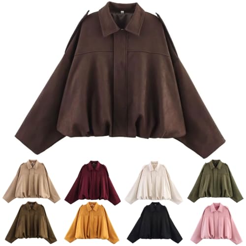 Lovraj Wildleder Jacke für Damen Wildleder Bomberjacke Damen Elegant Suede Jacket Women Herbst Bomber Jacke Streetwear Wildlederjacke Kunstwildleder Übergangsjacke Casual Style Kurz Trenchcoat von Lovraj