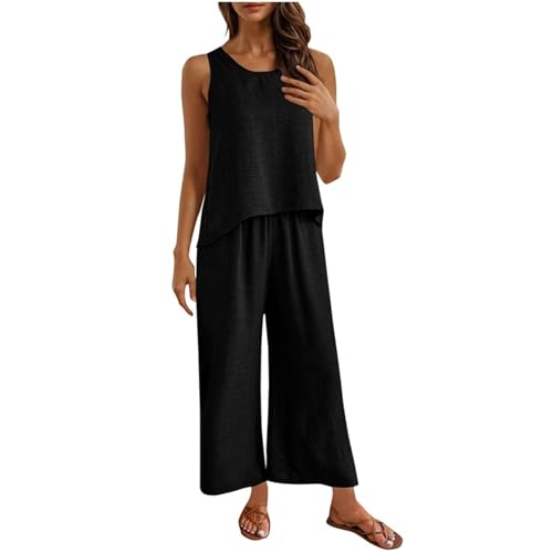 Musselin Zweiteiler Damen Sommer Ärmellos 2 Teiler Aushöhlen Rücken Design Tank Top und Baggy Palazzo Hosen Leichte Baumwolle Leinen Outfits Elegant Einfarbig Hausanzug Atmungsaktiv Loungewear von Lovraj