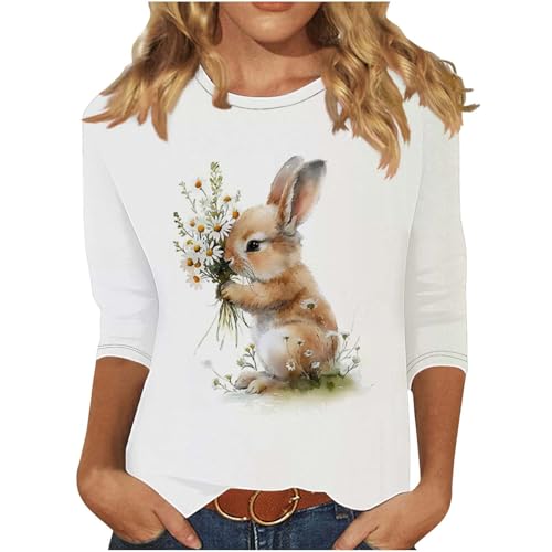 Oberteile Damen Ostersonntag 3/4 Ärmel T-Shirt Elegant Kaninchen zu Ostern Muster T Shirt Osterfest Rundhals Pullover Tshirt Regular Fit Festliche Oberteile Sommer Tops für Teenager Mädchen von Lovraj