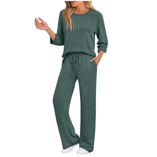 Schlafanzug Damen Lang Winter Schlafen und Loungewear Damen 3/4 Arm Gerippt Hausanzug Herbst Einfarbig Schlafanzug Weich Bequem Winter Lounge Set Lockere Rundhals Pullover und Hose Zweiteiler von Lovraj