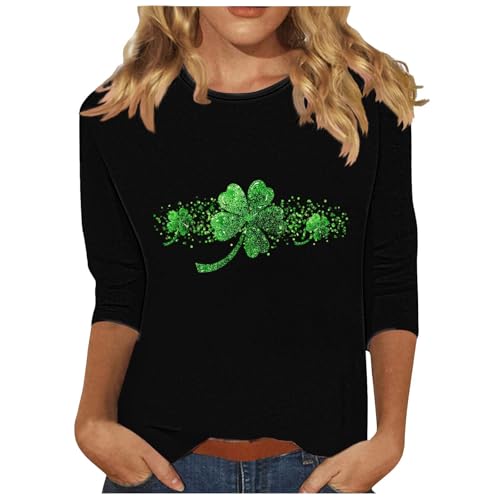 T-Shirt Damen 3/4 Ärmel Modisch Kleeblatt Muster T Shirt St. Patrick's Day Lucky Tshirt Leichte Rundhals Pullover T-Shirt Lose Fit Langarm Tops Frühling Longsleeve Irischen Fetival Costume von Lovraj