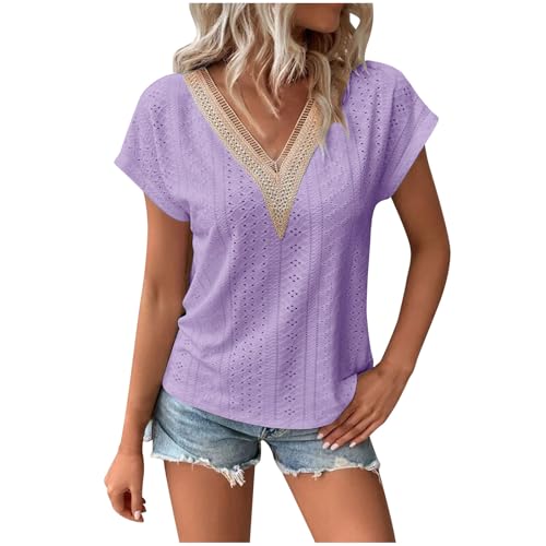T Shirt Damen Kurzarm Öse Stickerei Tshirt V-Ausschnitt Spitzen Bluse Sommer Aushöhlen T-Shirt Einfarbig Spitzennähte Oberteile Leichte Lufitg Urlaub Tops Lockere Casual Kurzarmshirt von Lovraj