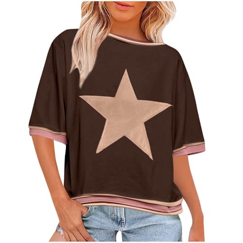 T-Shirt Damen mit Stern Muster – Freizeit Sommer Farbblock Tshirt – Lockere Passform Rundhalsausschnitt T-Shirt T-Shirt Damen mit Stern Muster – Freizeit Sommer Farbblock Tshirt – Lockere Passform Rundhalsausschnitt T-Shirt von Lovraj
