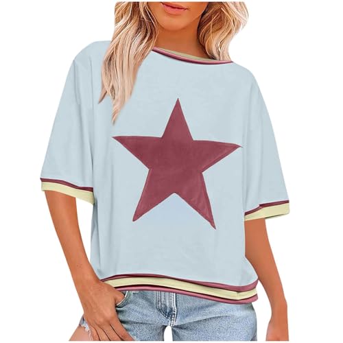 T-Shirt Damen mit Stern Muster – Freizeit Sommer Farbblock Tshirt – Lockere Passform Rundhalsausschnitt T-Shirt von Lovraj