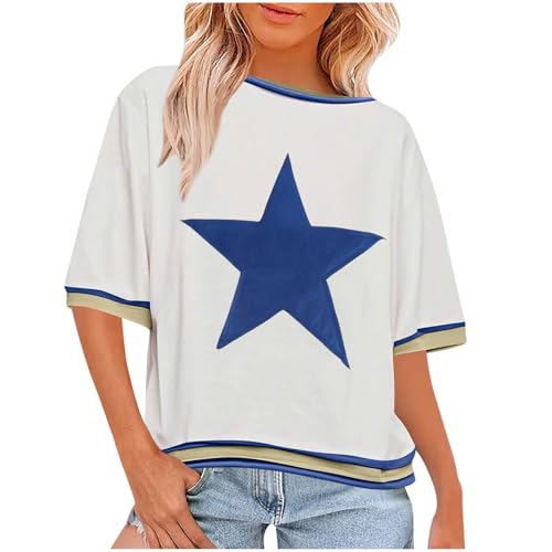 T-Shirt Damen mit Stern Muster – Freizeit Sommer Farbblock Tshirt – Lockere Passform Rundhalsausschnitt T-Shirt T-Shirt Damen mit Stern Muster – Freizeit Sommer Farbblock Tshirt – Lockere Passform Rundhalsausschnitt T-Shirt von Lovraj