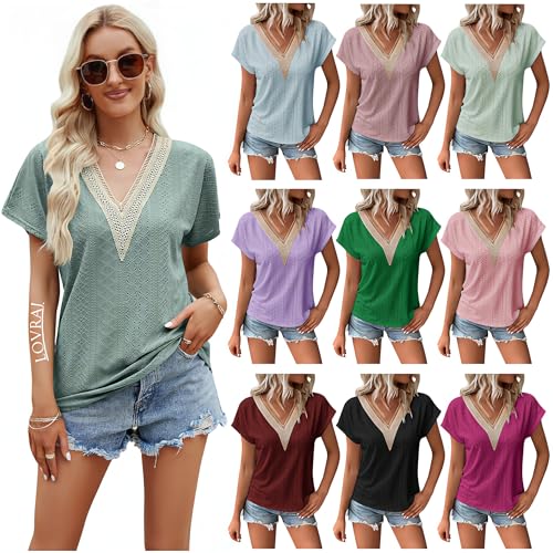 Tshirt Damen V-Ausschnitt Sommer Bluse Elegant Spitzennähte T-Shirt Kurzarm Aushöhlen T Shirt Öse Stickerei Oberteile Freizeit Atmungsaktive Tops Urlaub Strand Blusenshirt Lockere Blusentops von Lovraj