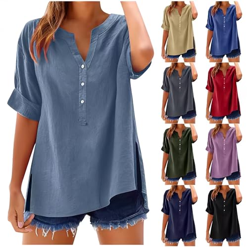 Tunika Damen Sommer Baumwolle Leinen Bluse Atmungsaktiv Kurzarm Leinenbluse V-Ausschnitt Musselin Blusenshirt mit Knöpfe Einfarbig Longshirt mit Schlitzsaum Lockere Passform 2025 Neue Oberteile von Lovraj