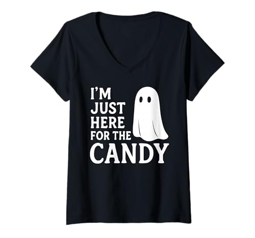 Damen I'm Just Here for The Candy Lustiges Low-Budget-Kostüm T-Shirt mit V-Ausschnitt Damen I'm Just Here for The Candy Lustiges Low-Budget-Kostüm T-Shirt mit V-Ausschnitt von Low Budget Funny Quote Trick or Treat Ghost Design
