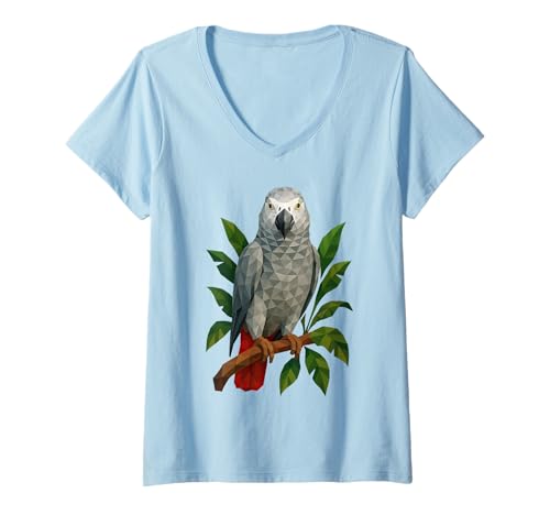 Damen Geometrischer afrikanischer Grauer Papagei Low Poly Birding T-Shirt mit V-Ausschnitt von Low Poly African Grey Parrot Birdwatching Polygon