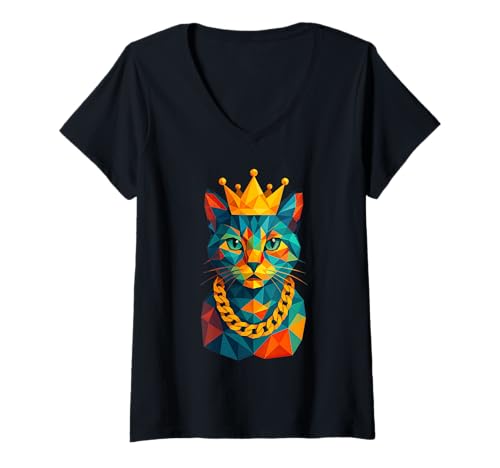 Damen Hip Hop Katzenkrone Rap Low Polygon Graffiti Pet T-Shirt mit V-Ausschnitt Damen Hip Hop Katzenkrone Rap Low Polygon Graffiti Pet T-Shirt mit V-Ausschnitt von Low Poly Cat Hip Hop Streetwear Colorful Design