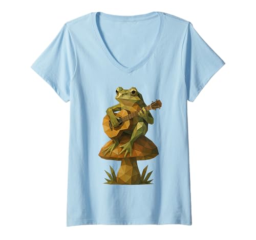 Damen Vintage Cottagecore Frosch Guitarist Low Poly Toad T-Shirt mit V-Ausschnitt Damen Vintage Cottagecore Frosch Guitarist Low Poly Toad T-Shirt mit V-Ausschnitt von Low Poly Geometric Frog Guitar Musician Design