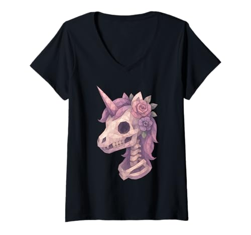 Damen Low Poly Kawaii Einhorn Pastell Goth Geometrisch T-Shirt mit V-Ausschnitt von Low Poly Geometric Halloween Skeleton Unicorn