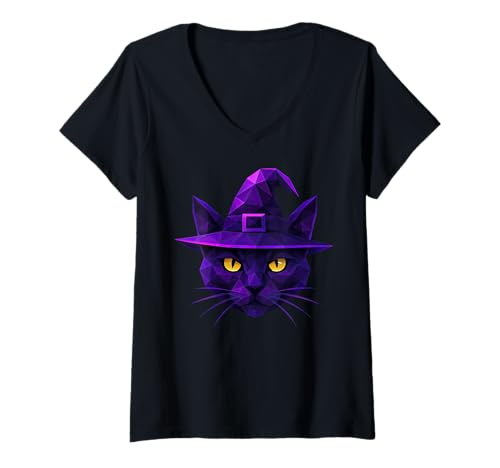 Damen Gruselige Hexenkatze geometrisch niedrig Poly Halloween Wicca T-Shirt mit V-Ausschnitt Damen Gruselige Hexenkatze geometrisch niedrig Poly Halloween Wicca T-Shirt mit V-Ausschnitt von Low Poly Gothic Witch Geometric Halloween Witchy