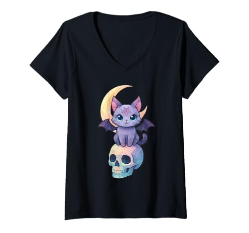 Damen Geometrische Fledermaus Kätzchen Low Poly Kawaii Pastell Goth T-Shirt mit V-Ausschnitt von Low Poly Halloween Creepy Geometric Spooky Cat