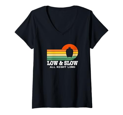Damen Low and Slow, die ganze Nacht lang, lustiges Gartengrilldesign T-Shirt mit V-Ausschnitt von Low and Slow Co