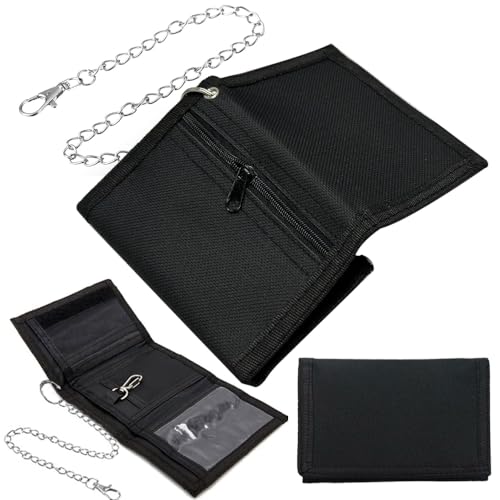 Lowats Slim Schwarz Geldbörse Reißverschluss Faltbare Dreifache Geldbörse mit Ketten Clip Reißverschluss Herren Dreifache Geldtasche Portmonee mit Kette Clip Reißverschluss Slim Geldbeutel Faltbare von Lowats