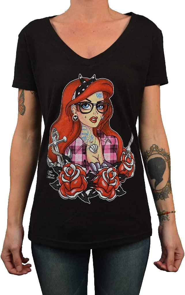 Tattooed Merjungfrau Mädchen Grafik-T-Shirt Mit V-Ausschnitt | Niedliche Meerjungfrau T-Shirt Frauen Vneck Tshirt T-Shirts Niedliches Weiche von LowbrowArtCompany