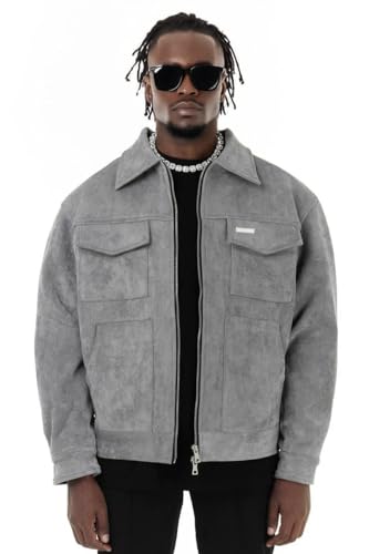 Lowkey Lederjacke Herren Grau | Jacke in Wildleder Optik aus Kunstleder für Herren | Regular Fit Modern Style Gr.L Wildlederjacke | Kunstlederjacke Herren von Lowkey
