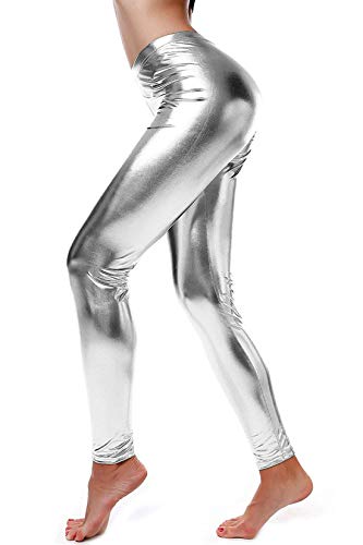 Loxdonz Damen-Leggings im Wetlook, glänzend, metallisch, mit flüssiger Taille, Stretchhose, silber, XX-Large von Loxdonz