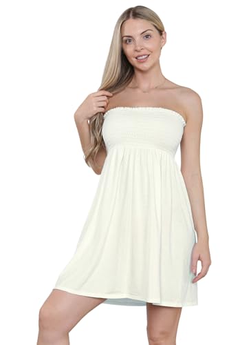 Loxdonz Damen Sonne Trägerloses Schlauch Kurzes Kleid Sommerkleider Casual Mini Strand Cover Up, Cream, X-Groß von Loxdonz