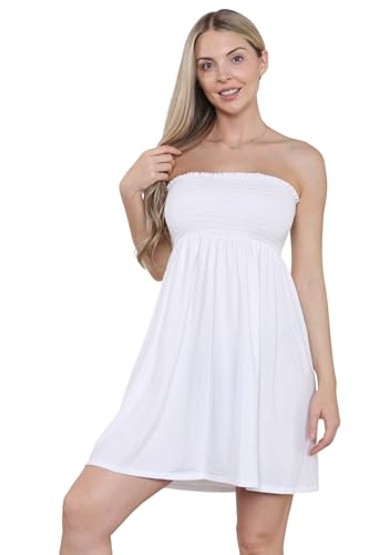 Loxdonz Damen Sonne Trägerloses Schlauch Kurzes Kleid Sommerkleider Casual Mini Strand Cover Up, Weiss/opulenter Garten, Klein von Loxdonz