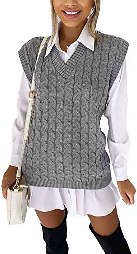 Loxdonz Damen V Ausschnitt Ärmellos Pullover Zopfmuster Grobstrick Weste Tank Top Sweater, grau, L von Loxdonz