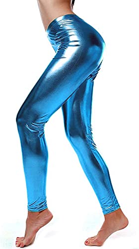 Loxdonz Damen Wetlook Glänzende Metallic-Leggings Liquid Waist Stretch Pants - Blau - Groß von Loxdonz