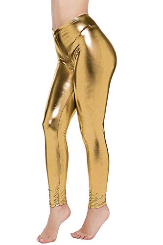Loxdonz Damen Wetlook Glänzende Metallic-Leggings Liquid Waist Stretch Pants - Gold - Klein von Loxdonz