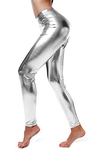 Loxdonz Damen-Leggings im Wet-Look, glänzend, metallisch, elastische Taille, silber, M von Loxdonz