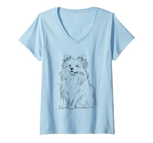 Damen Zwergspitz-Hunde-Illustration T-Shirt mit V-Ausschnitt Damen Zwergspitz-Hunde-Illustration T-Shirt mit V-Ausschnitt von Loyal Furry Companions Sketch Art