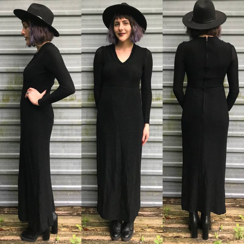 1970Er Jahre Glänzend Schwarz Stricken Huey Walzer Für Mannequin-Maxi-Kleid von LoyalVintage