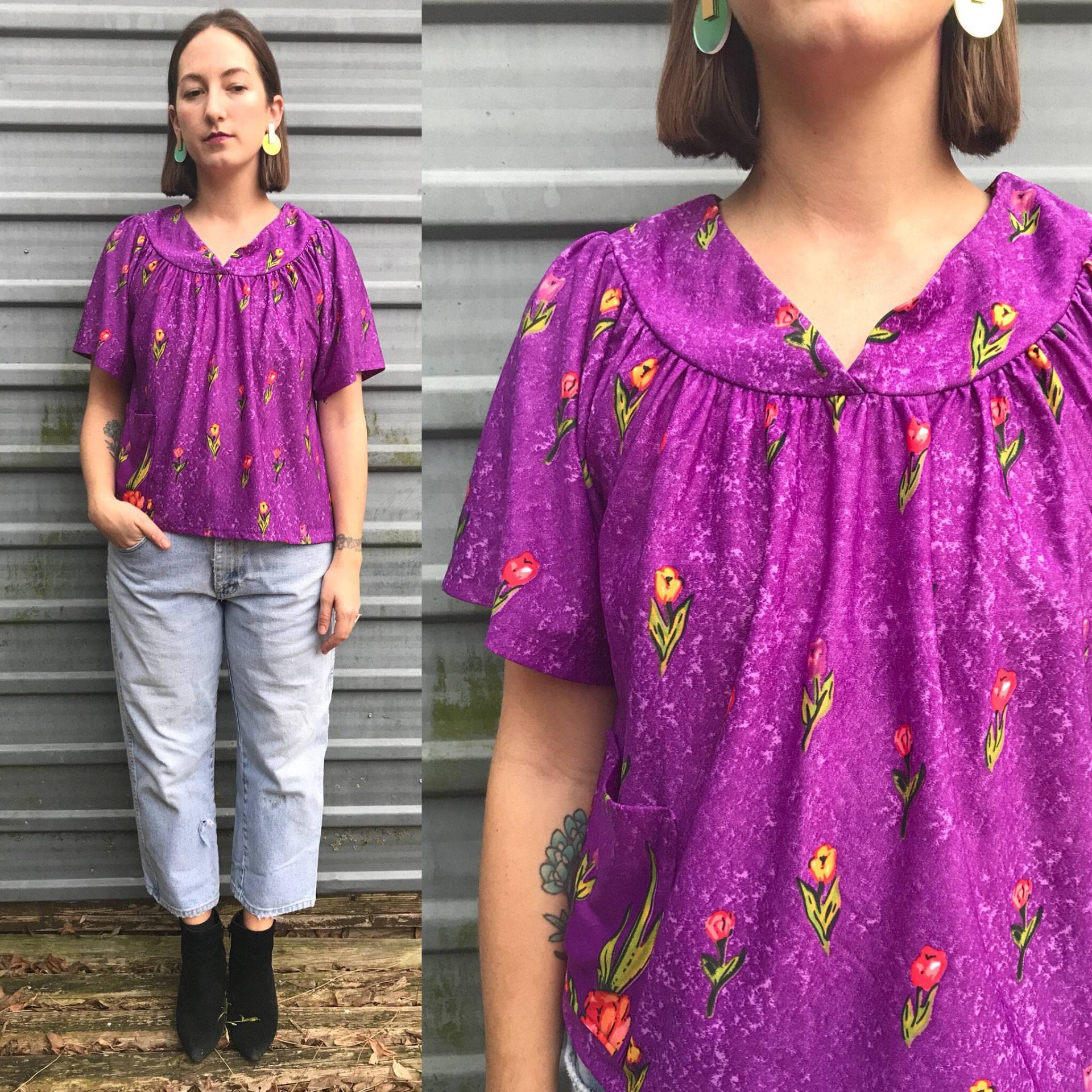 1970Er Tulpenförmiges Kurztop Mit Schalkragen von LoyalVintage