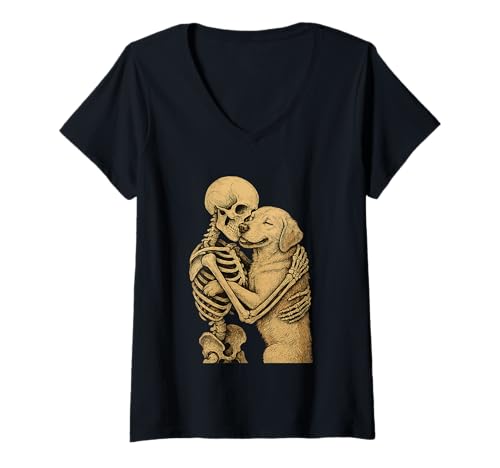 Damen Skelett umarmender Hund Gothic Pet Bond Illustration T-Shirt mit V-Ausschnitt Damen Skelett umarmender Hund Gothic Pet Bond Illustration T-Shirt mit V-Ausschnitt von Loyalty Art