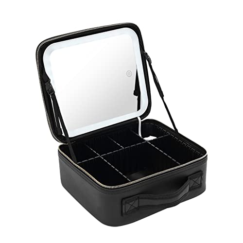 Kosmetiktasche, Tragbarer Kosmetik-Organisator, 3 Farbiges LED Licht, 7 verstellbare Fächer, Kulturbeutel Organizer mit Kosmetikspiegel, Kleiner Make Up Taschen (Schwarz) von LoyaltyClivia
