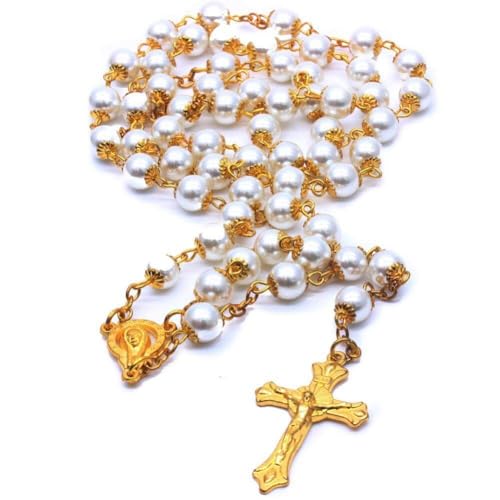 Katholische Frauenzeremonie Rosarischer Frauen, Weibliche Goldene Rosenkranz Halskette Perlenperlen Kreuzwand Kreuz Halskette Golden Pearl Rosenkranz Halskette Geschenk von Lpitoy