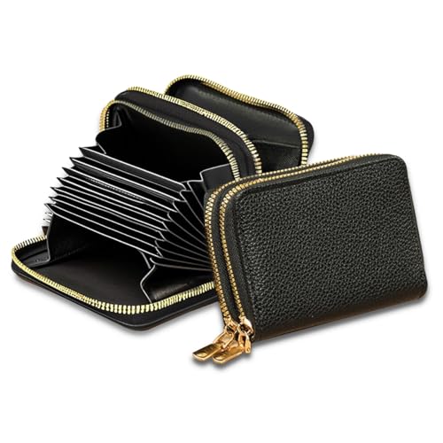 Leder Geldbörse, RFID Doppelreißverschluss Kreditkartenetui Mit Münzfach Mini Portemonnaie Kurzformat Brieftasche Für Frauen Viele Fächer Mit 9 Kartenfächern 2 Banknotenfach und 1 Münzfach, Schwarz von Lpolkvemelh