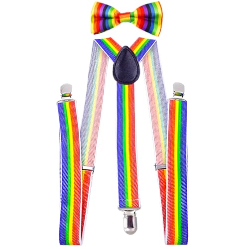Lpolkvemelh 2 Stück Kinder Hosenträger Fliege Sets, Elastische Y-Form Hosenträger Verstellbar mit Regenbogen Streifen Accessoire für Arbeitshosen Skihose Motoradhose Fest lustig Jungen und Mädchen von Lpolkvemelh