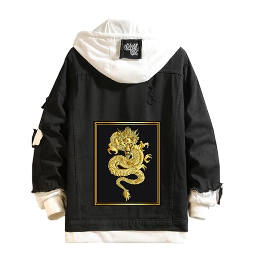 Lpstop Chinesischer Drache Jeansjacke Drache handgezeichneter Stil Kapuzenpullover Tierdruck Leichter Jackenmantel für Teenager von Lpstop