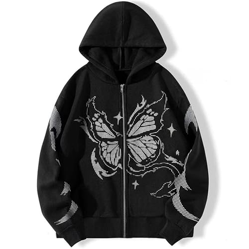 Lpstop Damen Schmetterling Reißverschluss Hoodie Y2K Dot Matrix Schmetterlingsdruck Zipper Hoodie Schmetterling Zip Up Jacke von Lpstop