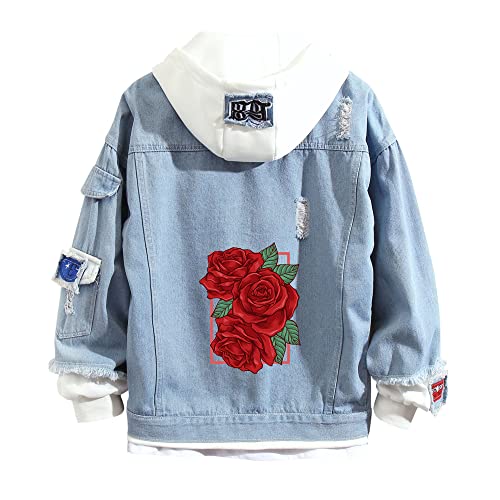 Lpstop Rote Rose Blumendruck Jeansjacke Grafik Hoodie Y2K Leichte Jacke für Teenager Erwachsene von Lpstop