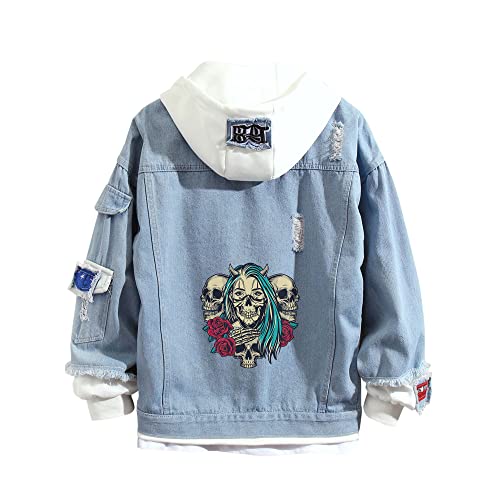 Lpstop Schädelrose Denim-Hoodie Jacke mit Totenkopf-Print Rose Kapuzenpullover Jeansjacke für Damen Herren von Lpstop