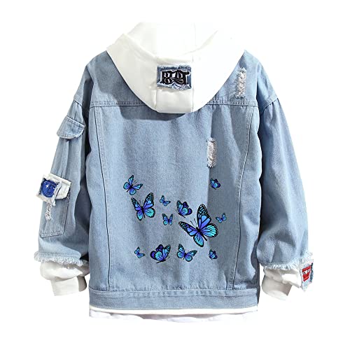 Lpstop Unisex Schmetterling Jeansjacke Y2K Schmetterling Blume Hoodie Frühling Herbst Leichte Jacke für Teenager Erwachsene von Lpstop