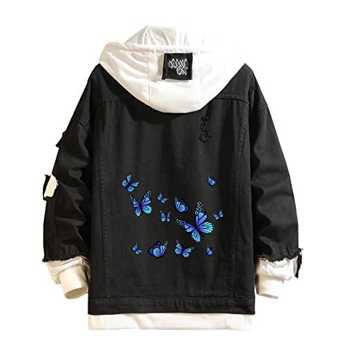 Lpstop Unisex Schmetterling Jeansjacke Y2K Schmetterling Blume Hoodie Frühling Herbst Leichte Jacke für Teenager Erwachsene von Lpstop