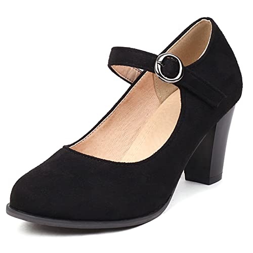 Damen Blockieren Ferse Mary Jane Schuhe, Höhe Ferse Pumpe Runde Zehen Schnalle Kleid Pumps Klassische Ciagiu Schwarz Gr 40 EU von Lroey Reoly